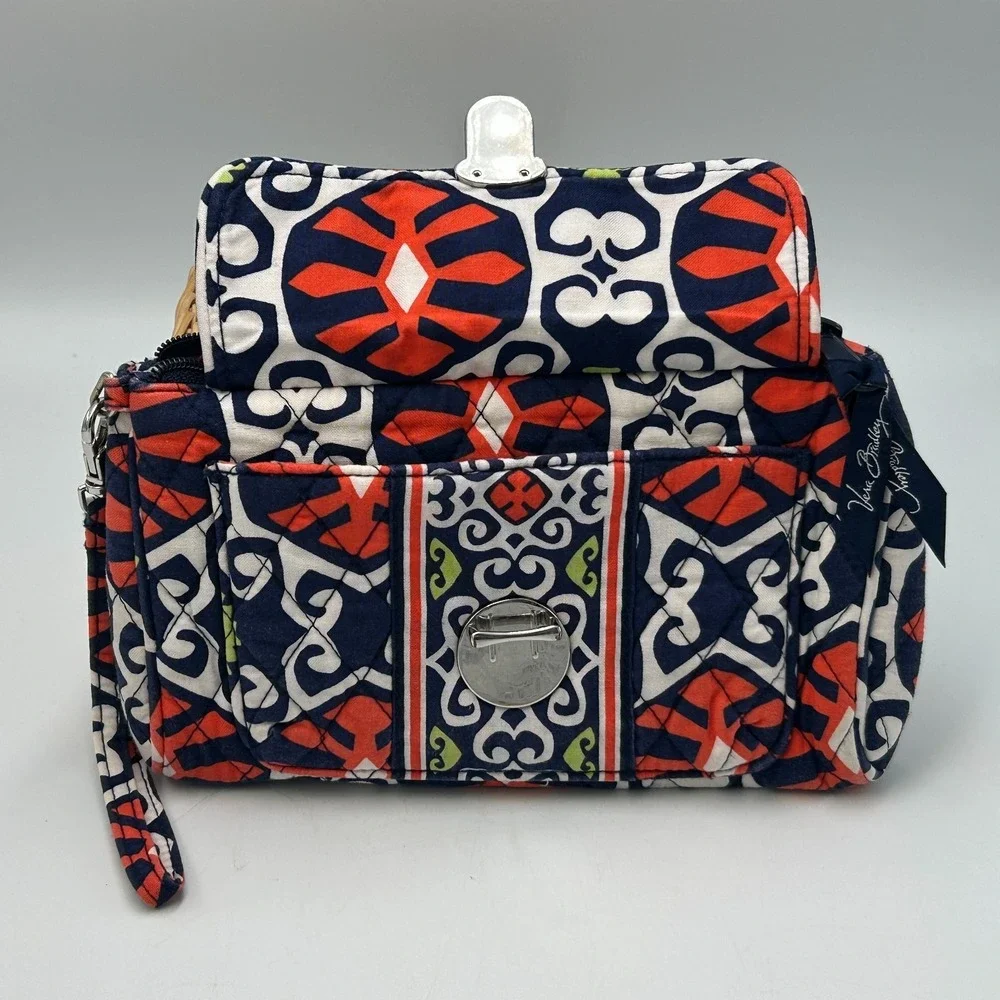 Vera Bradley Pushlock Wristlet Orange Blue Floral Clutch Quilted Purse Zipper